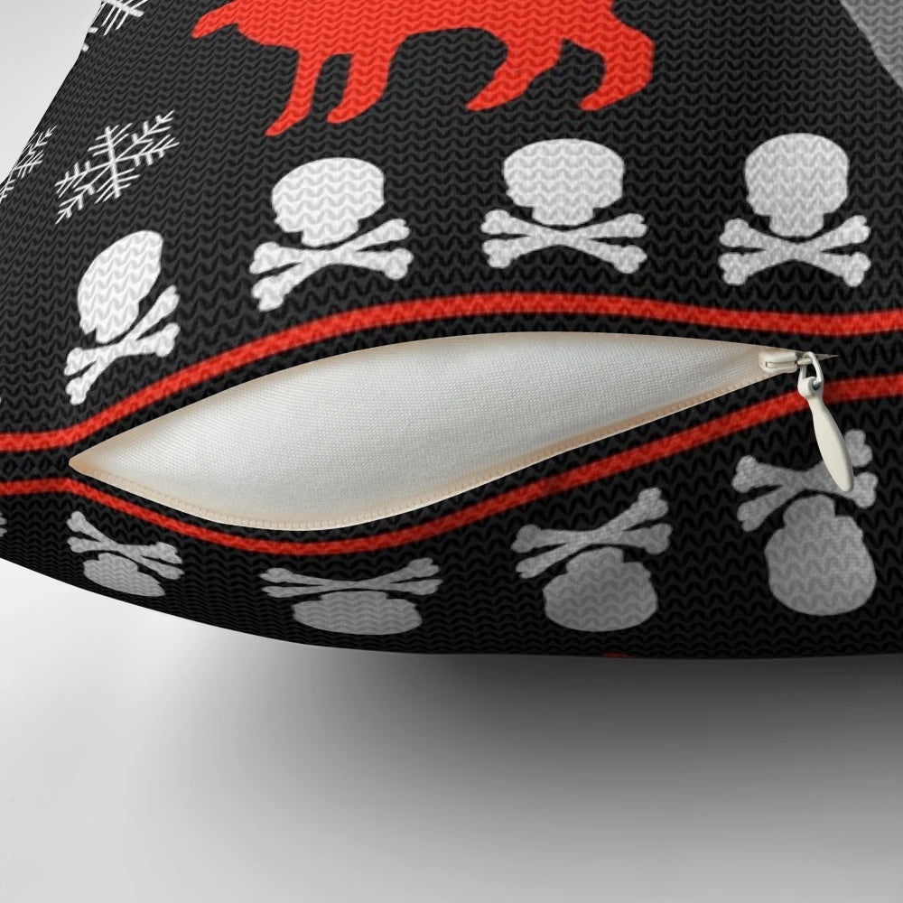 Metallic Christmas pillow with a goth-inspired design featuring a pixel art snowflake and ram head