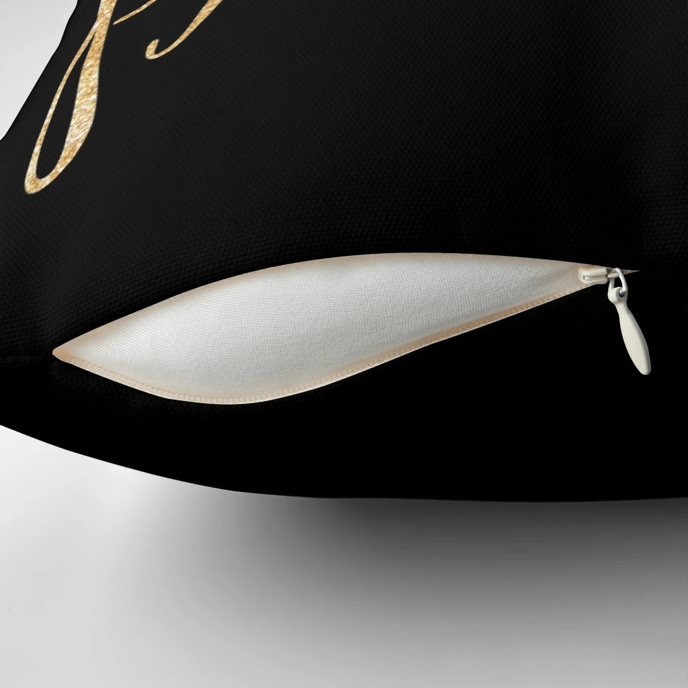 Shimmering gold pillow with the text "espresso then prosecco" in an elegant script font