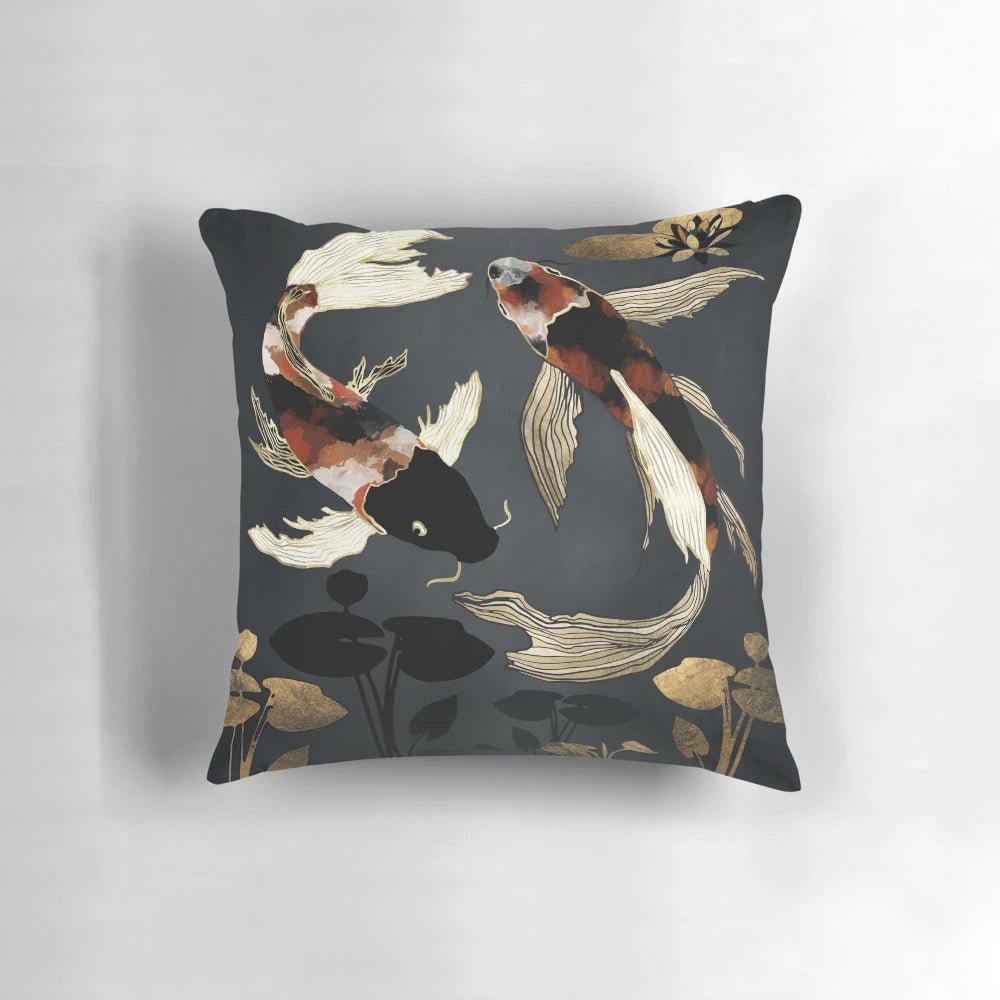 Metallic koi fish in abstract pond design printed on a decorative throw pillow