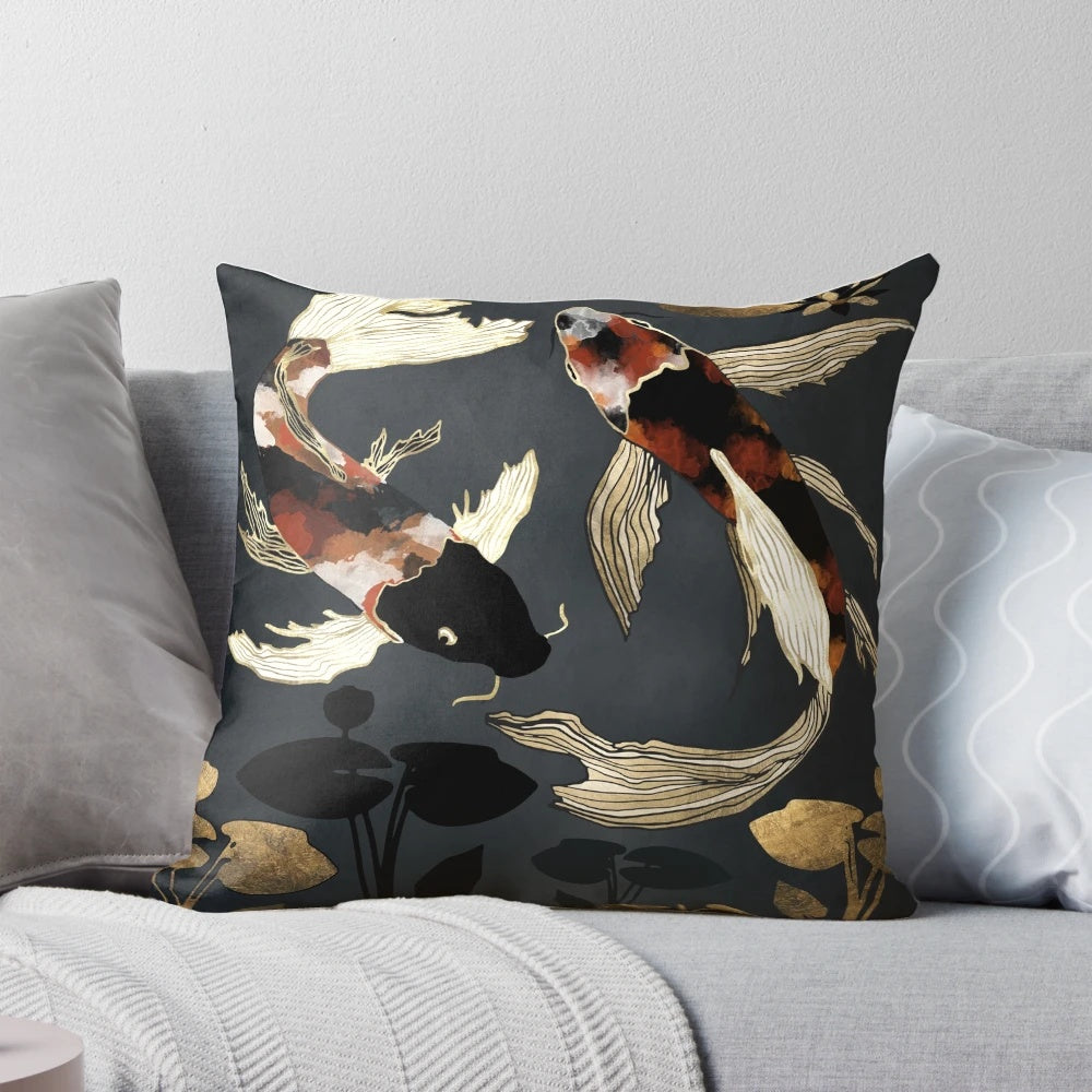 Metallic koi fish in abstract pond design printed on a decorative throw pillow