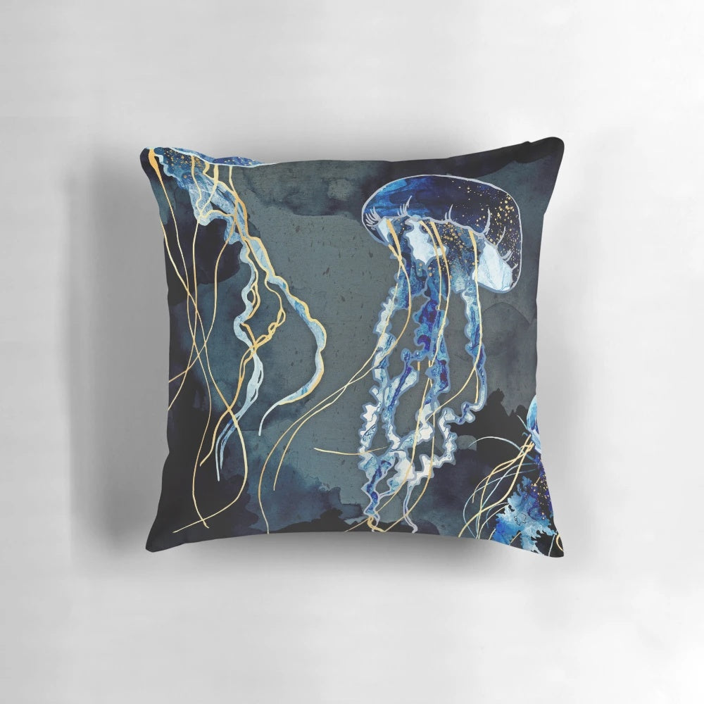 Metallic Ocean III Pillow with abstract ocean and sea life design