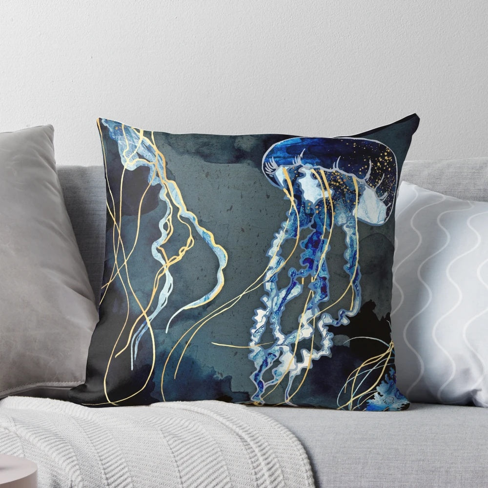 Metallic Ocean III Pillow with abstract ocean and sea life design