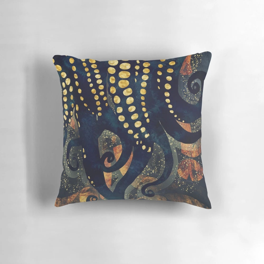 A stylish and contemporary metallic ocean-themed watercolor throw pillow