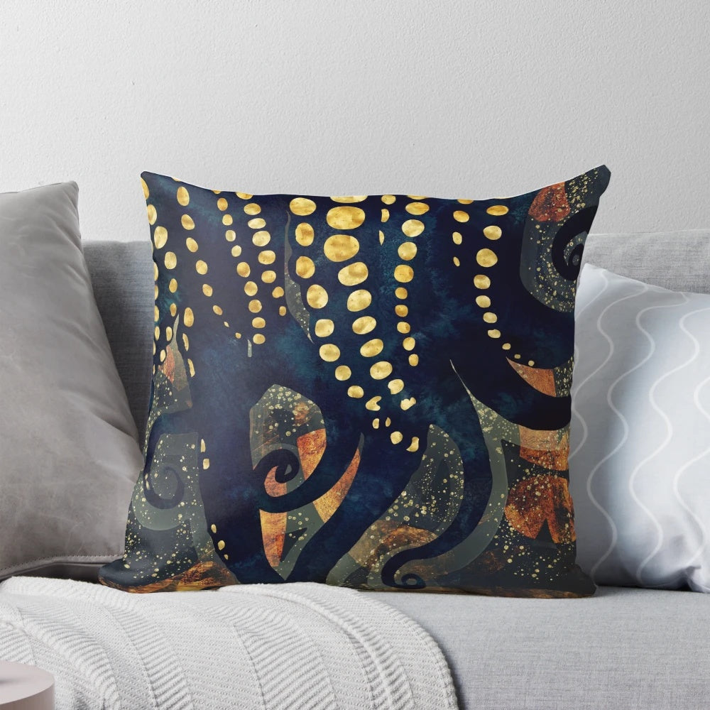 A stylish and contemporary metallic ocean-themed watercolor throw pillow
