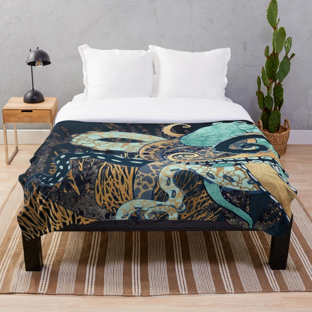 Metallic octopus plush blanket with abstract sea creature design