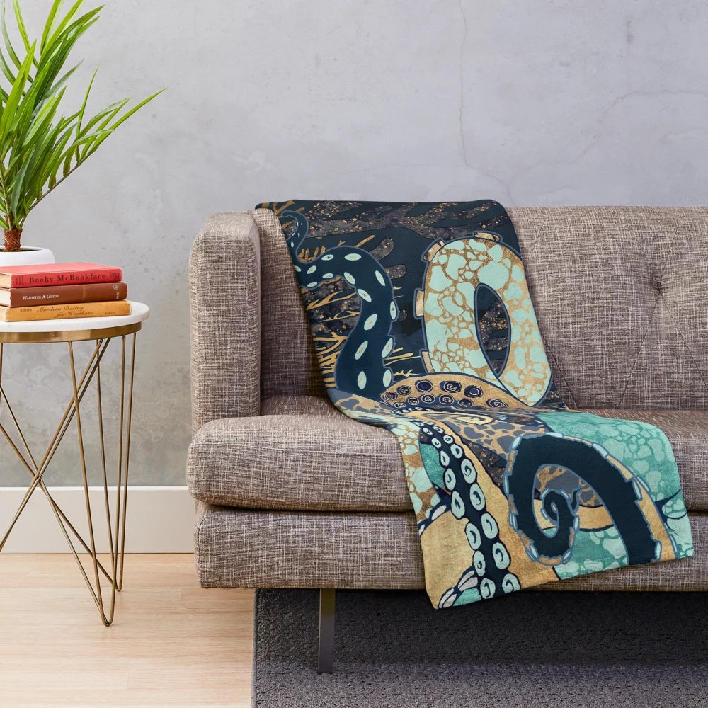 Metallic octopus plush blanket with abstract sea creature design