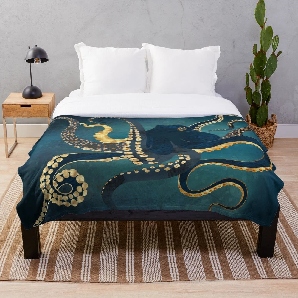 Metallic octopus plush blanket featuring a contemporary and abstract underwater design