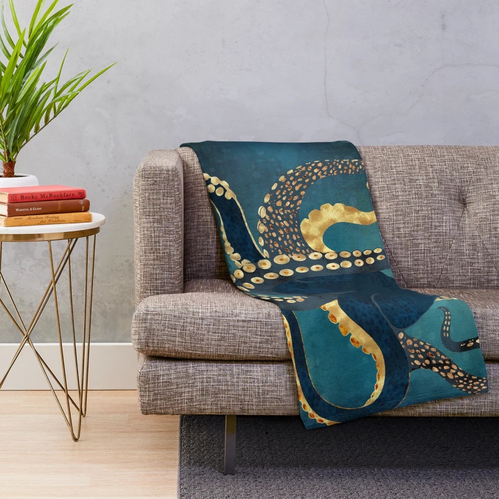 Metallic octopus plush blanket featuring a contemporary and abstract underwater design