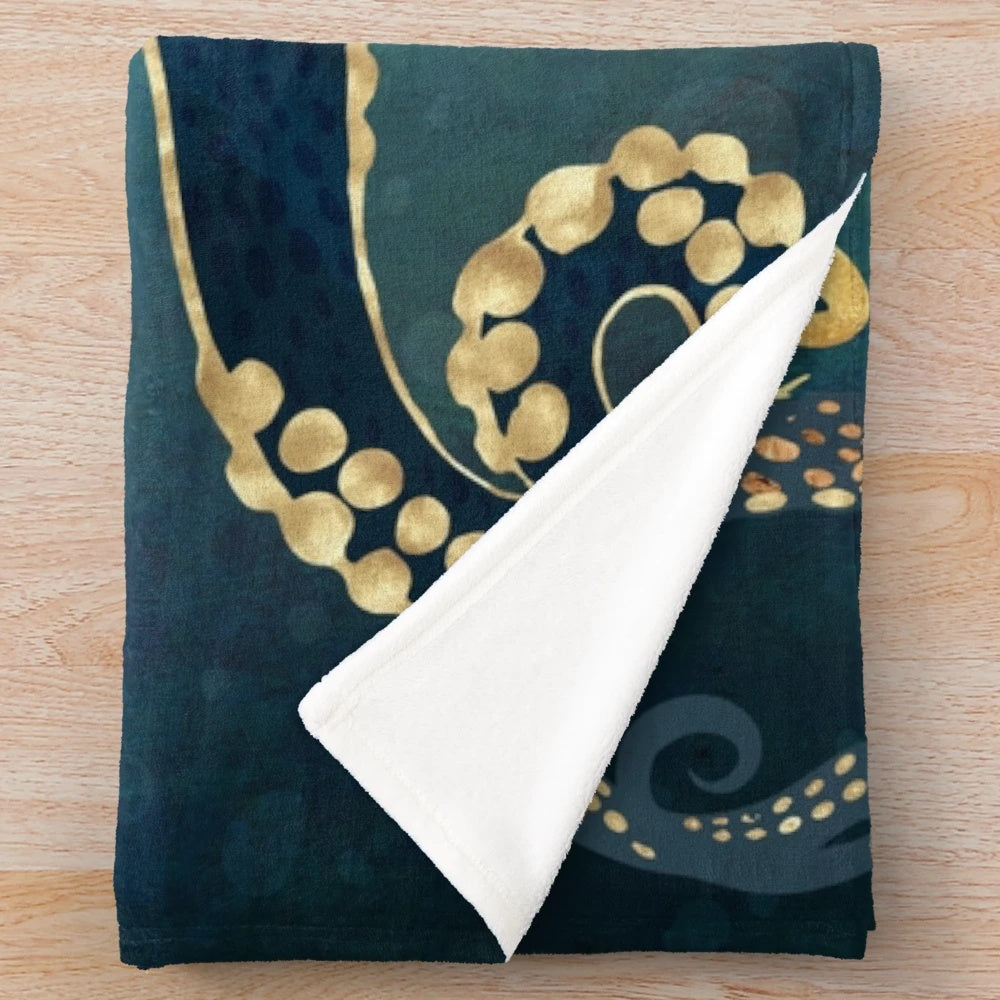 Metallic octopus plush blanket featuring a contemporary and abstract underwater design