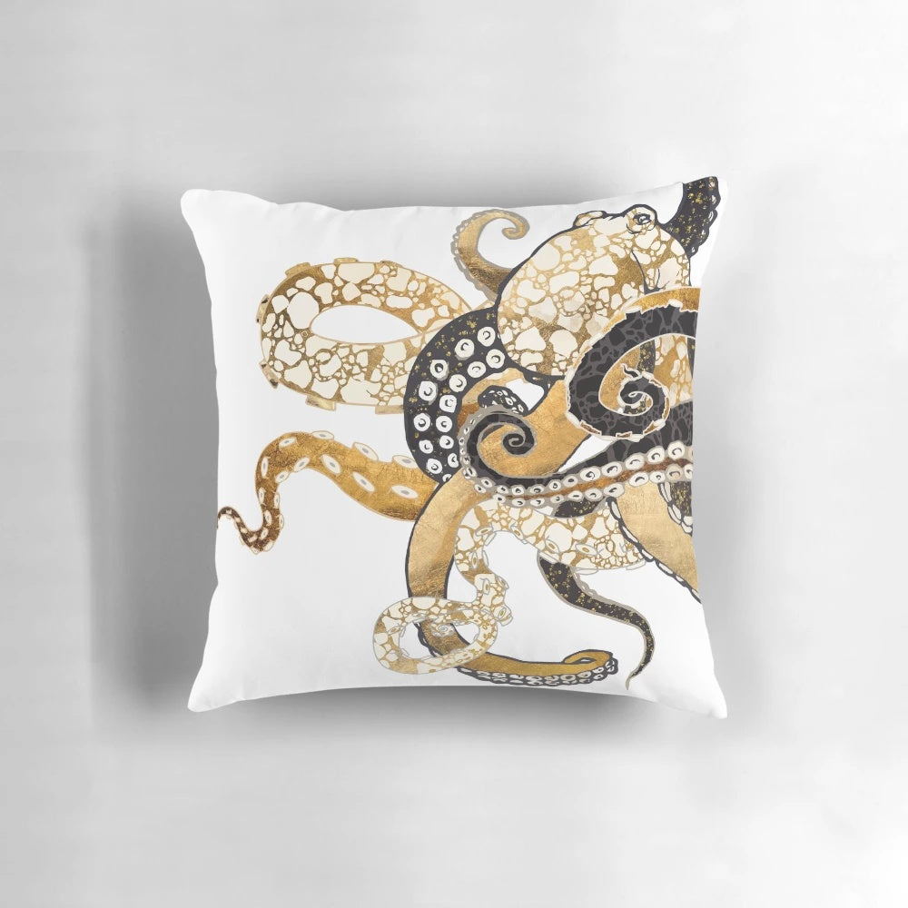 Metallic octopus shaped throw pillow in gold, bronze, and black colors
