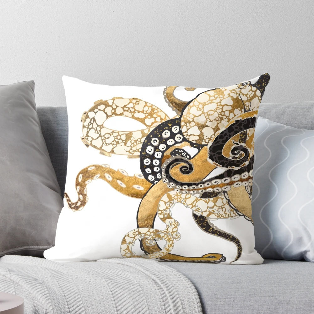 Metallic octopus shaped throw pillow in gold, bronze, and black colors