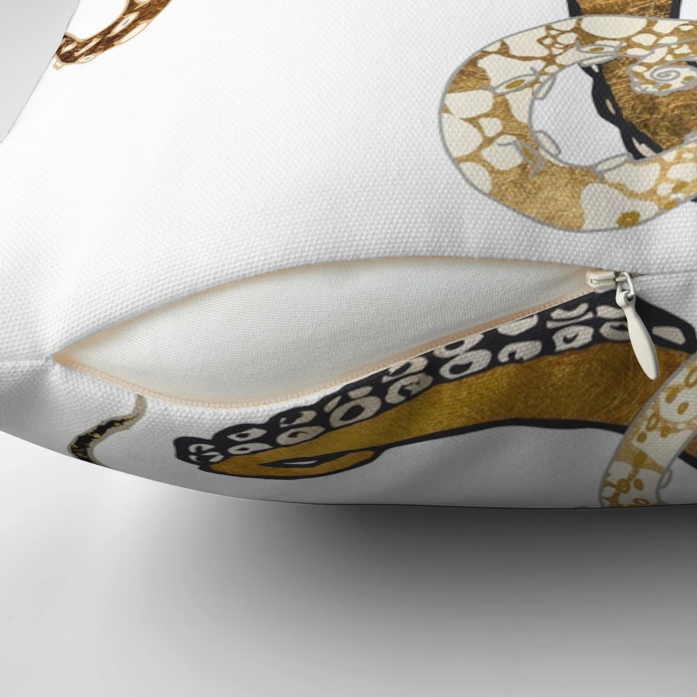 Metallic octopus shaped throw pillow in gold, bronze, and black colors