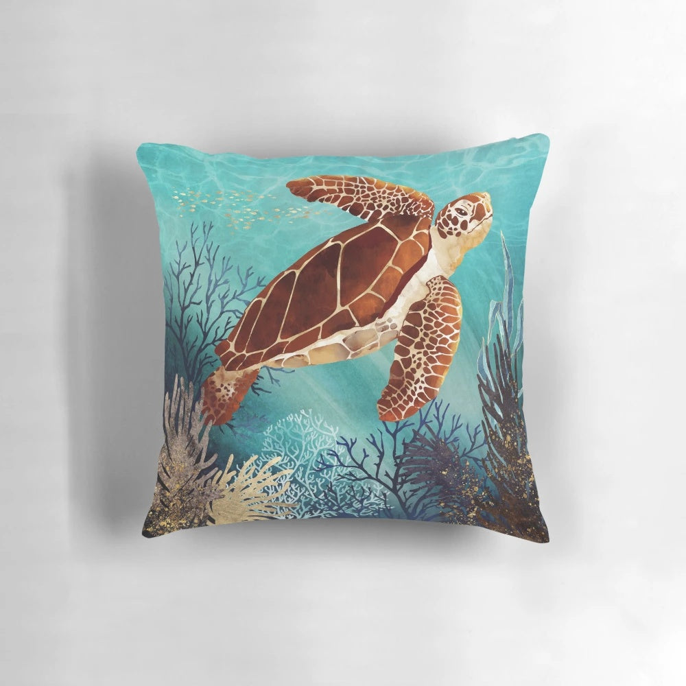 Metallic sea turtle design decorative pillow for coastal home or beach house