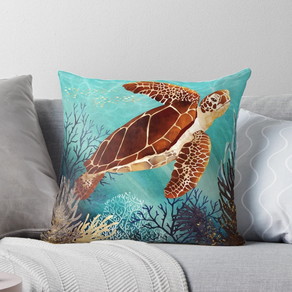 Metallic sea turtle design decorative pillow for coastal home or beach house