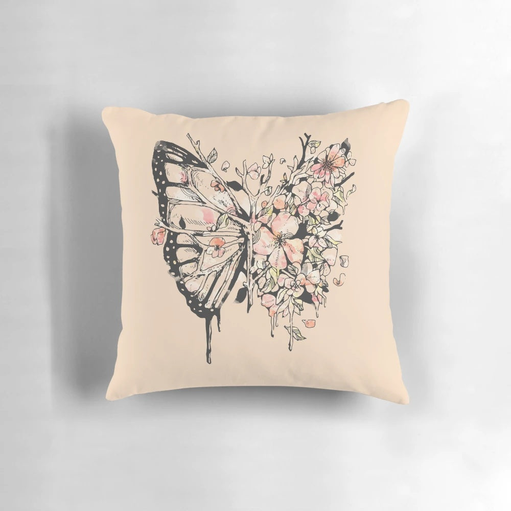 Metamorphora decorative pillow featuring a surreal butterfly design in watercolor