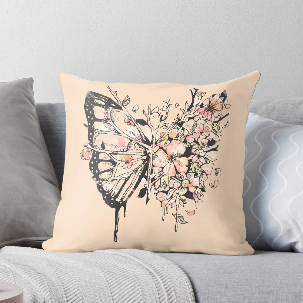 Metamorphora decorative pillow featuring a surreal butterfly design in watercolor