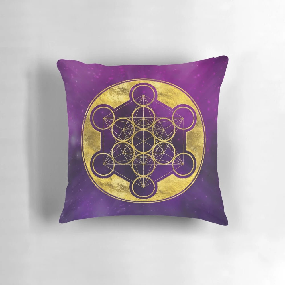 Metatron's Cube Sacred Geometry Pillow featuring a beautiful, intricate pattern in purple, gold, and cosmic elements.
