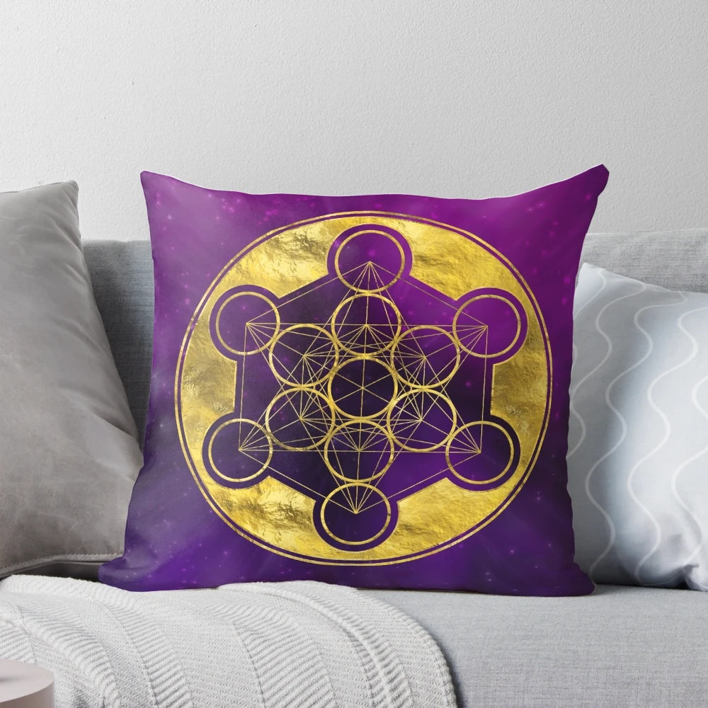 Metatron's Cube Sacred Geometry Pillow featuring a beautiful, intricate pattern in purple, gold, and cosmic elements.