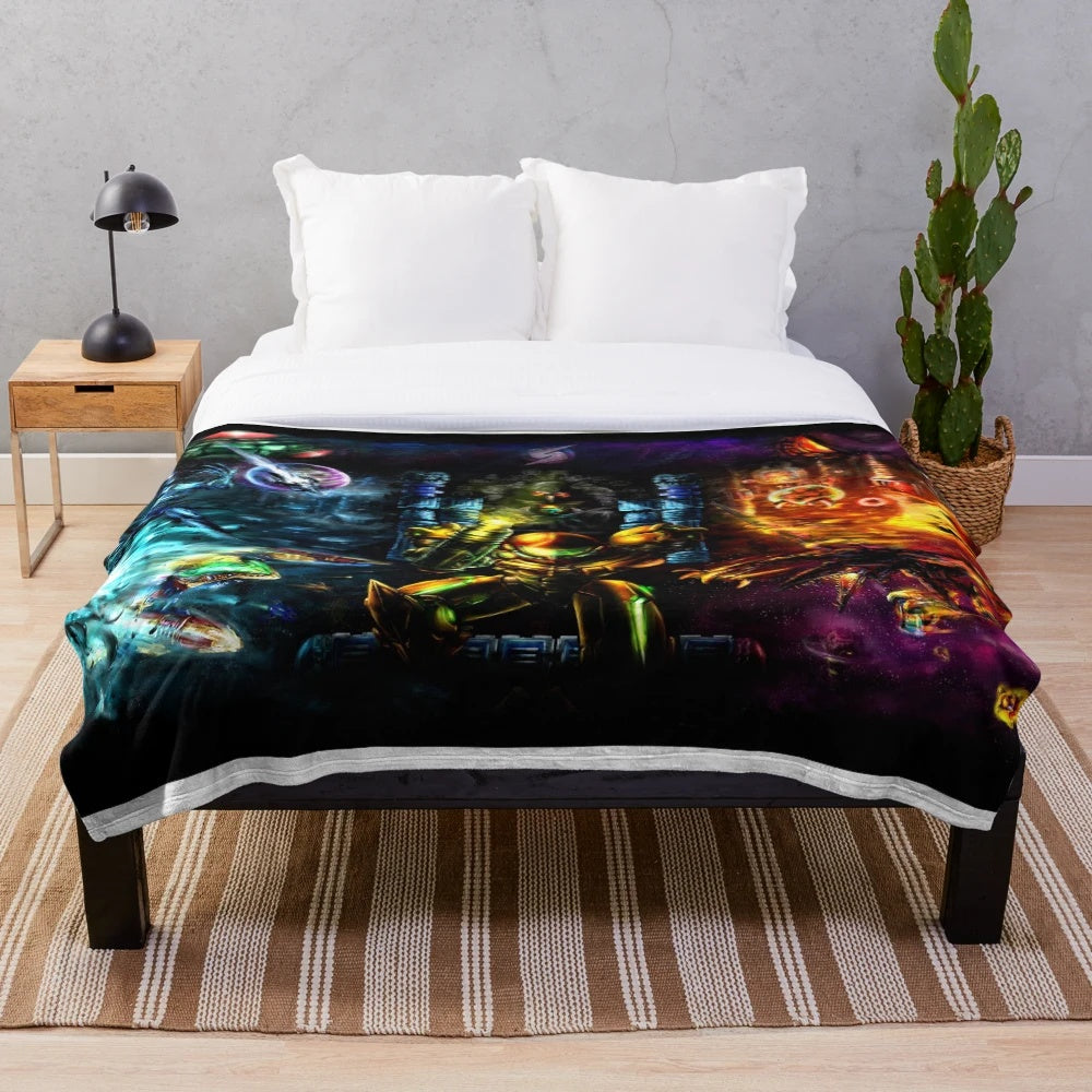 Metroid inspired plush blanket featuring Samus Aran, the legendary bounty hunter