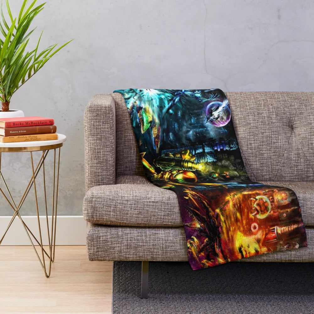 Metroid inspired plush blanket featuring Samus Aran, the legendary bounty hunter