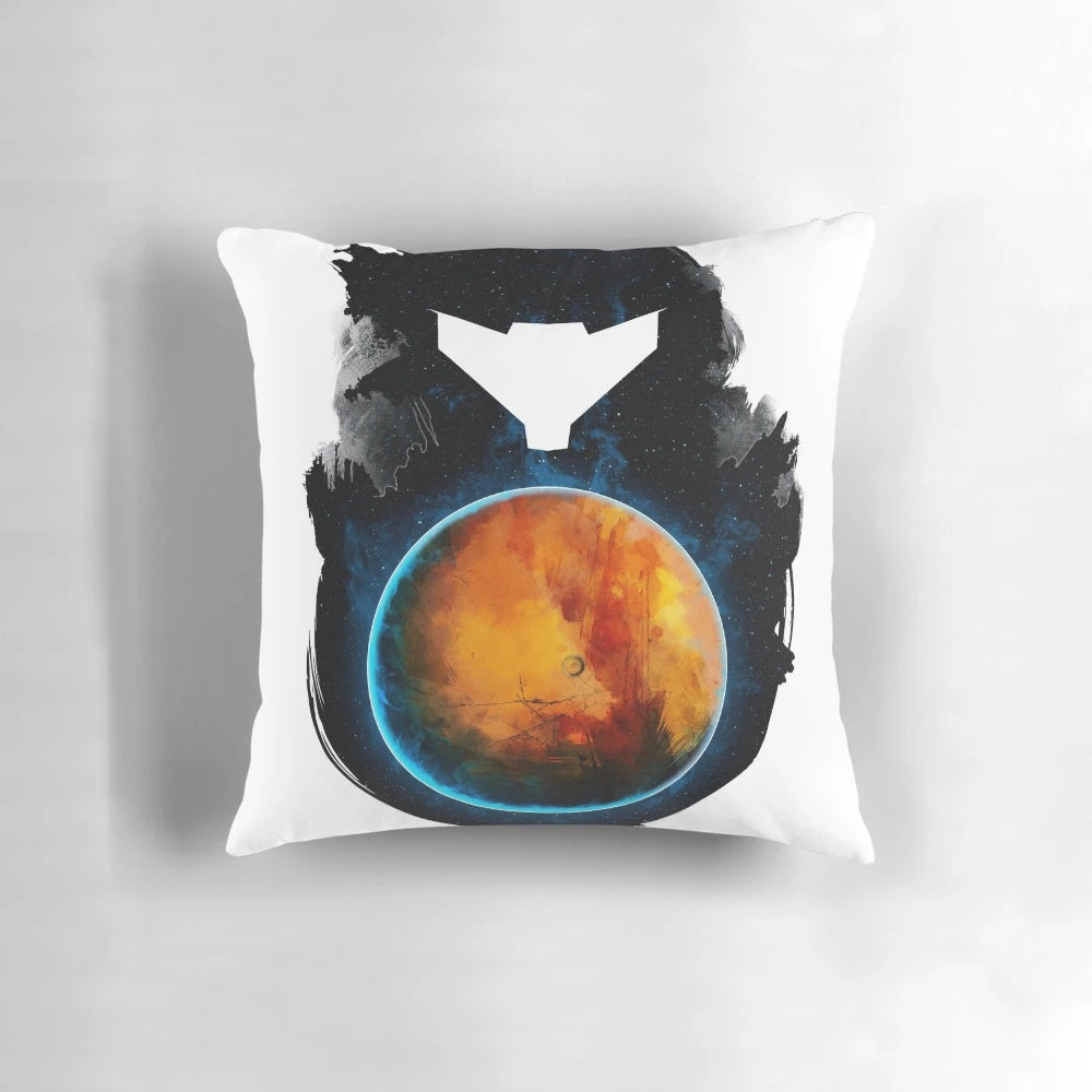 Minimalist pillow design inspired by the Metroid Prime video game series, featuring the iconic Metroid Prime logo and color scheme.