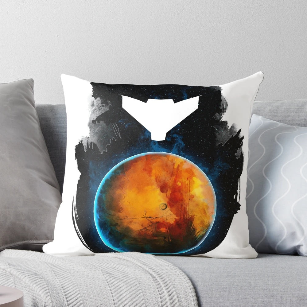 Minimalist pillow design inspired by the Metroid Prime video game series, featuring the iconic Metroid Prime logo and color scheme.