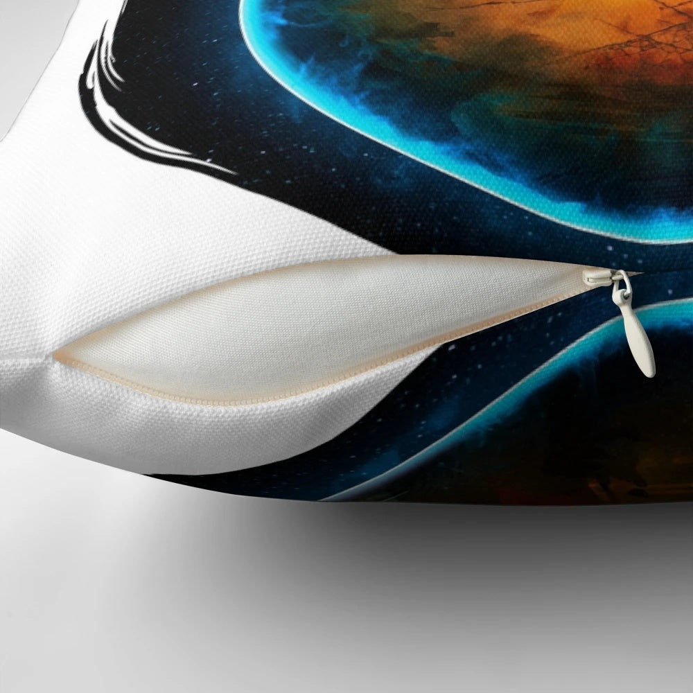 Minimalist pillow design inspired by the Metroid Prime video game series, featuring the iconic Metroid Prime logo and color scheme.