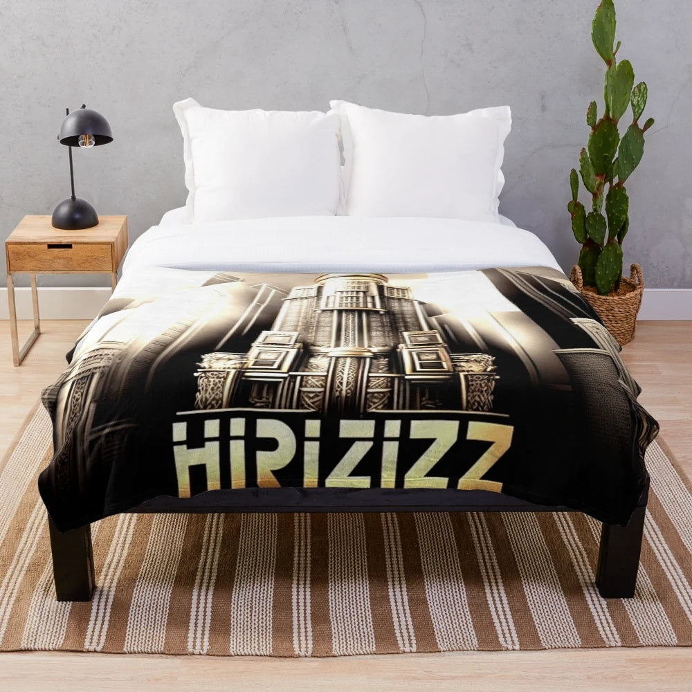 Metropolis City Futuristic Plush Blanket with movie theater and light game themes in gray, black, beige, and white colors