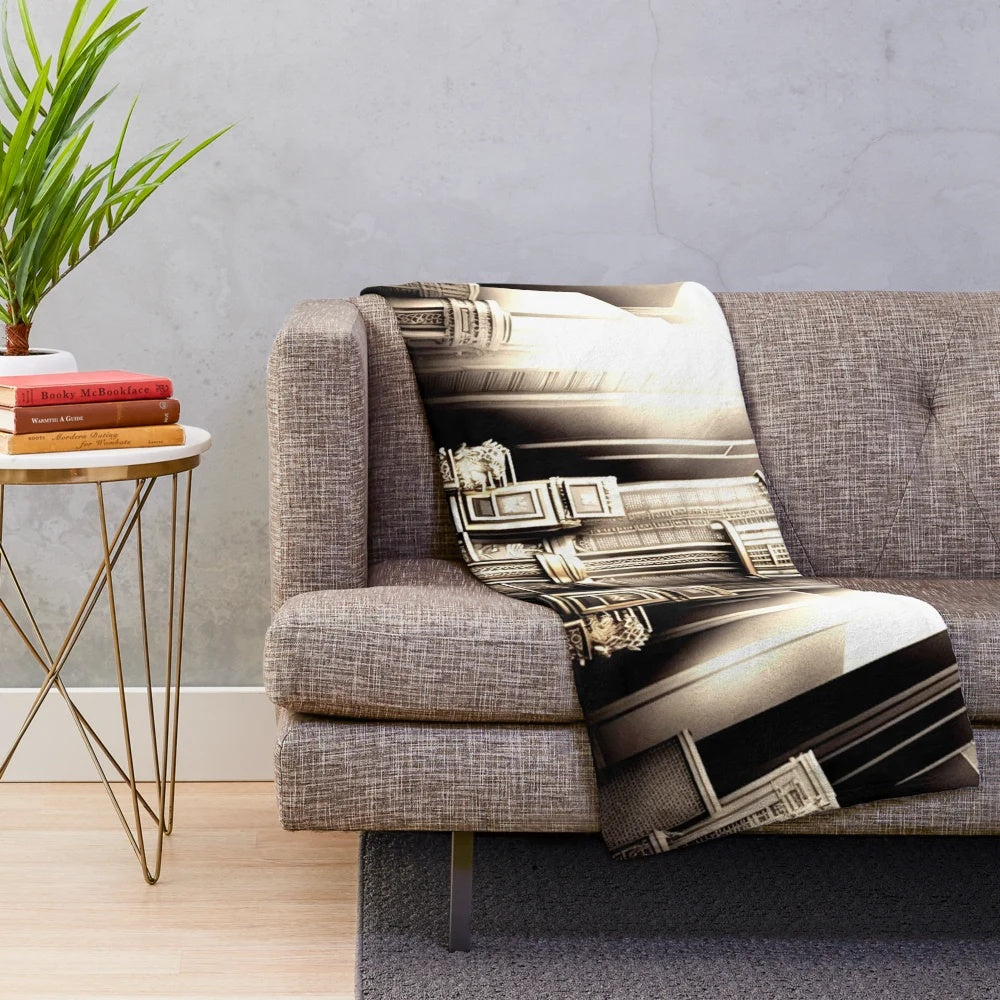 Metropolis City Futuristic Plush Blanket with movie theater and light game themes in gray, black, beige, and white colors
