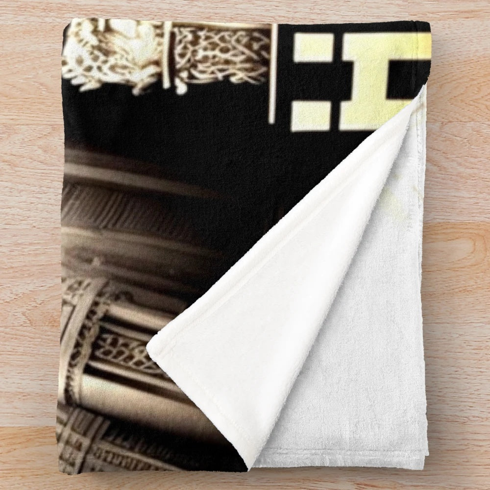 Metropolis City Futuristic Plush Blanket with movie theater and light game themes in gray, black, beige, and white colors