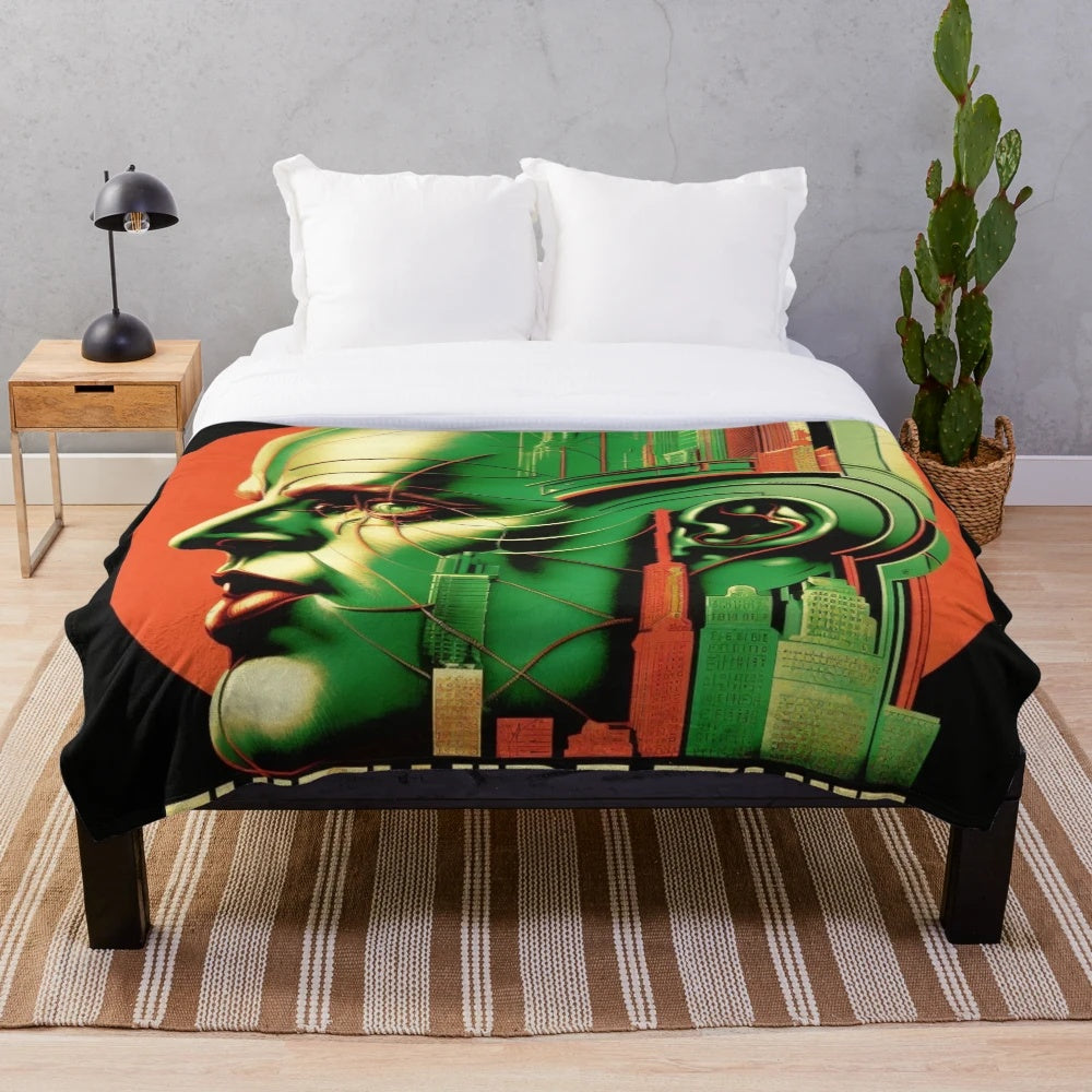 Metropolis Futuristic Plush Blanket with Cinema and Light Games Design