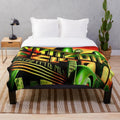 Plush blanket featuring a Metropolis-inspired futuristic cinema design with green, red, black, and yellow lights