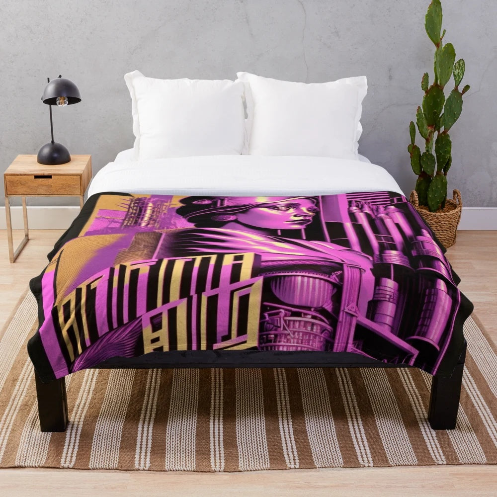 Metropolis-inspired futuristic cinema plush blanket with pink, beige, and black colors
