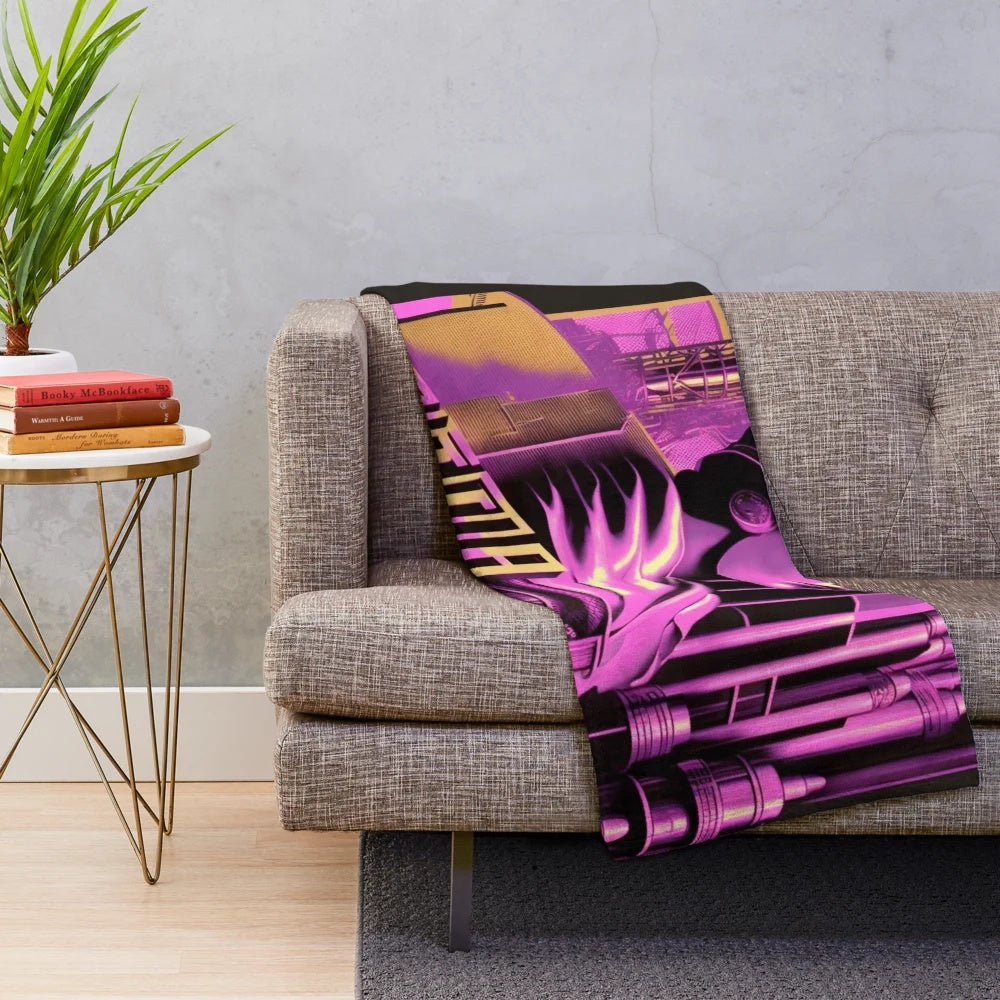 Metropolis-inspired futuristic cinema plush blanket with pink, beige, and black colors