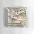 Vibrant pillow featuring a painting of the harbor in Mevagissey, Cornwall, showcasing boats, fishing, and the charming village