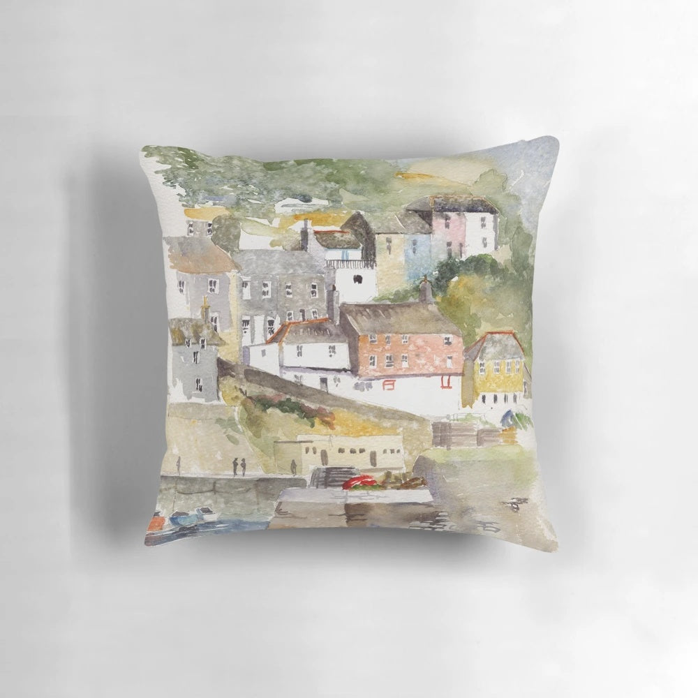 Vibrant pillow featuring a painting of the harbor in Mevagissey, Cornwall, showcasing boats, fishing, and the charming village