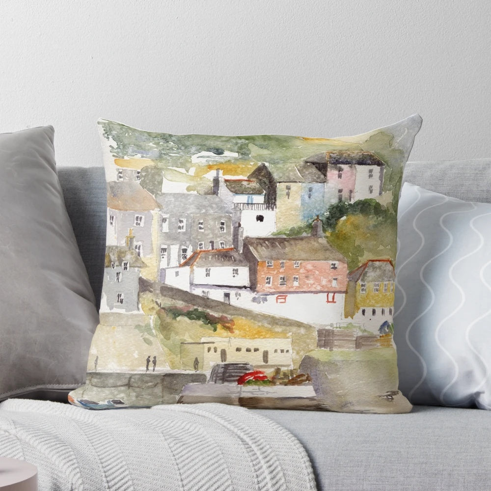 Vibrant pillow featuring a painting of the harbor in Mevagissey, Cornwall, showcasing boats, fishing, and the charming village