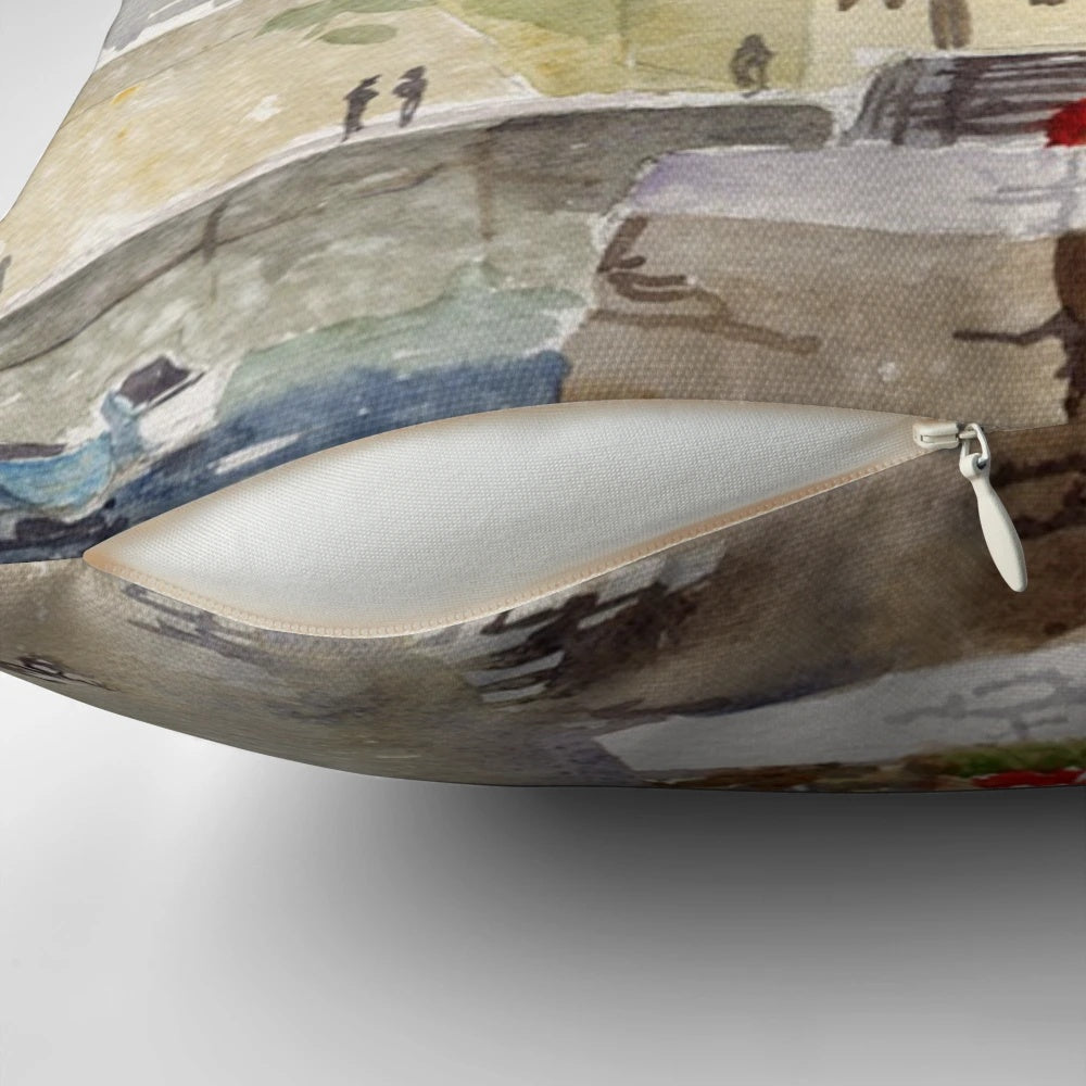 Vibrant pillow featuring a painting of the harbor in Mevagissey, Cornwall, showcasing boats, fishing, and the charming village