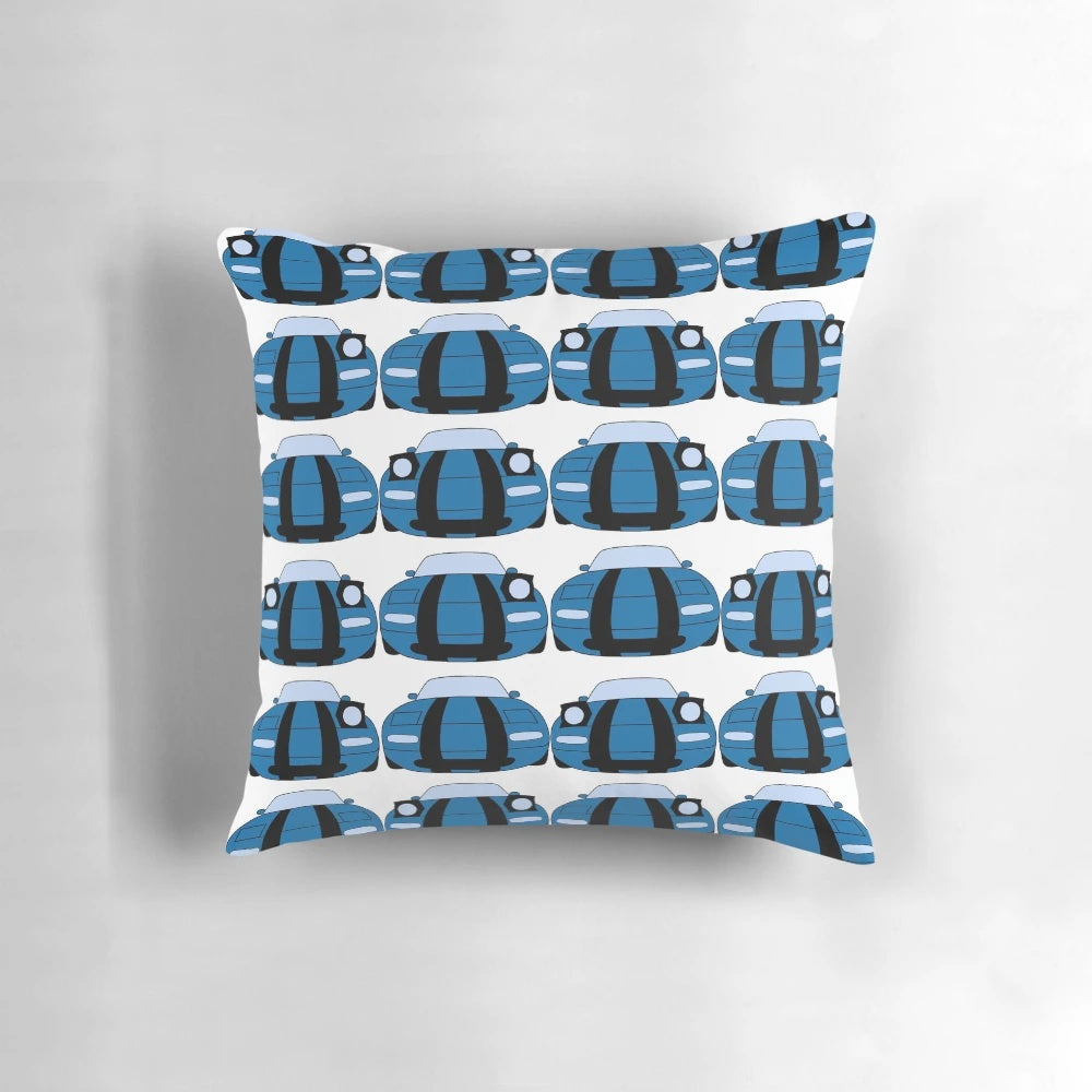 Miata Army Pillow featuring blue and black stripes on a comfortable cushion for automotive enthusiasts