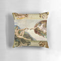 Michelangelo's masterpiece "The Creation of Adam" depicted on a high-quality decorative pillow for your home.