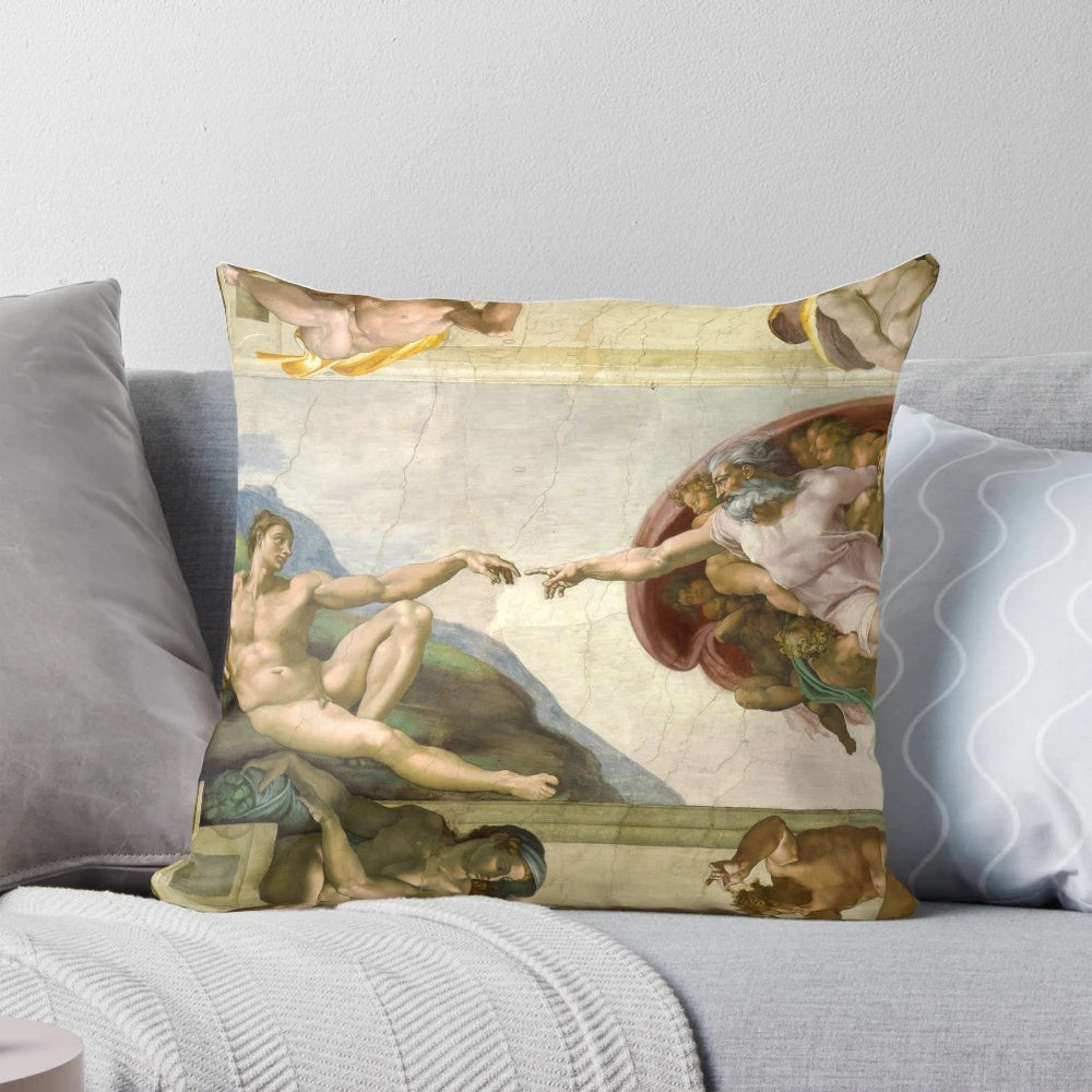 Michelangelo's masterpiece "The Creation of Adam" depicted on a high-quality decorative pillow for your home.