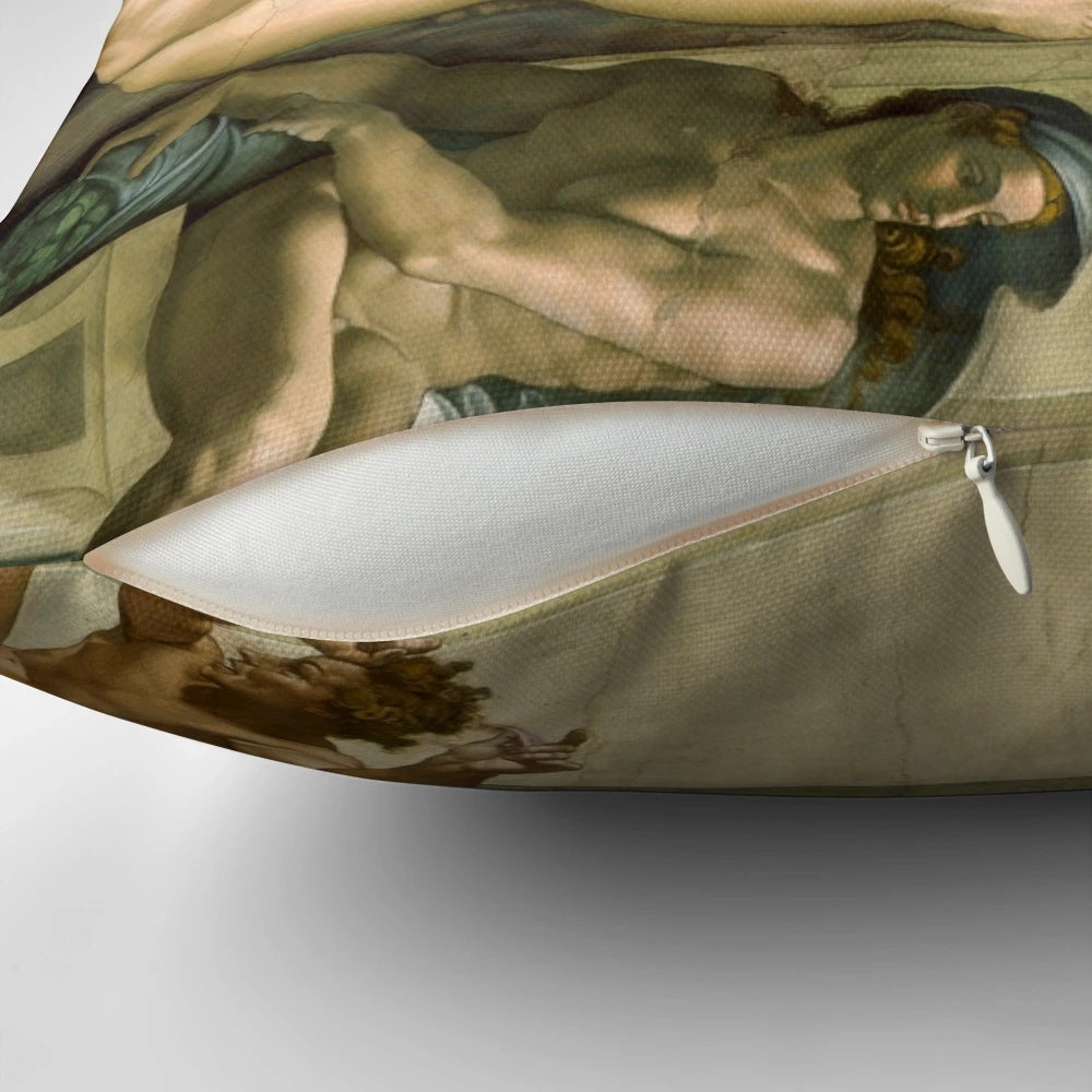 Michelangelo's masterpiece "The Creation of Adam" depicted on a high-quality decorative pillow for your home.