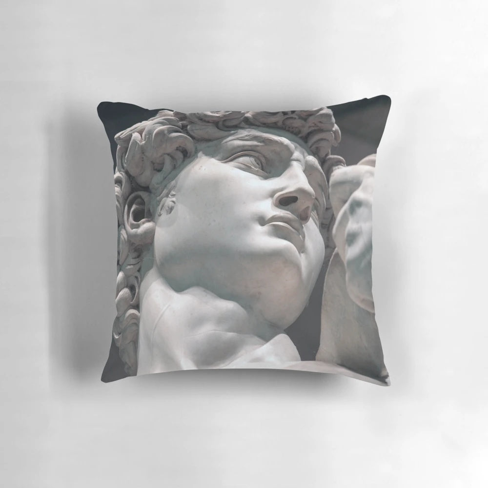 Pillow featuring the iconic head of Michelangelo's "David" sculpture, a masterpiece of the Italian Renaissance.