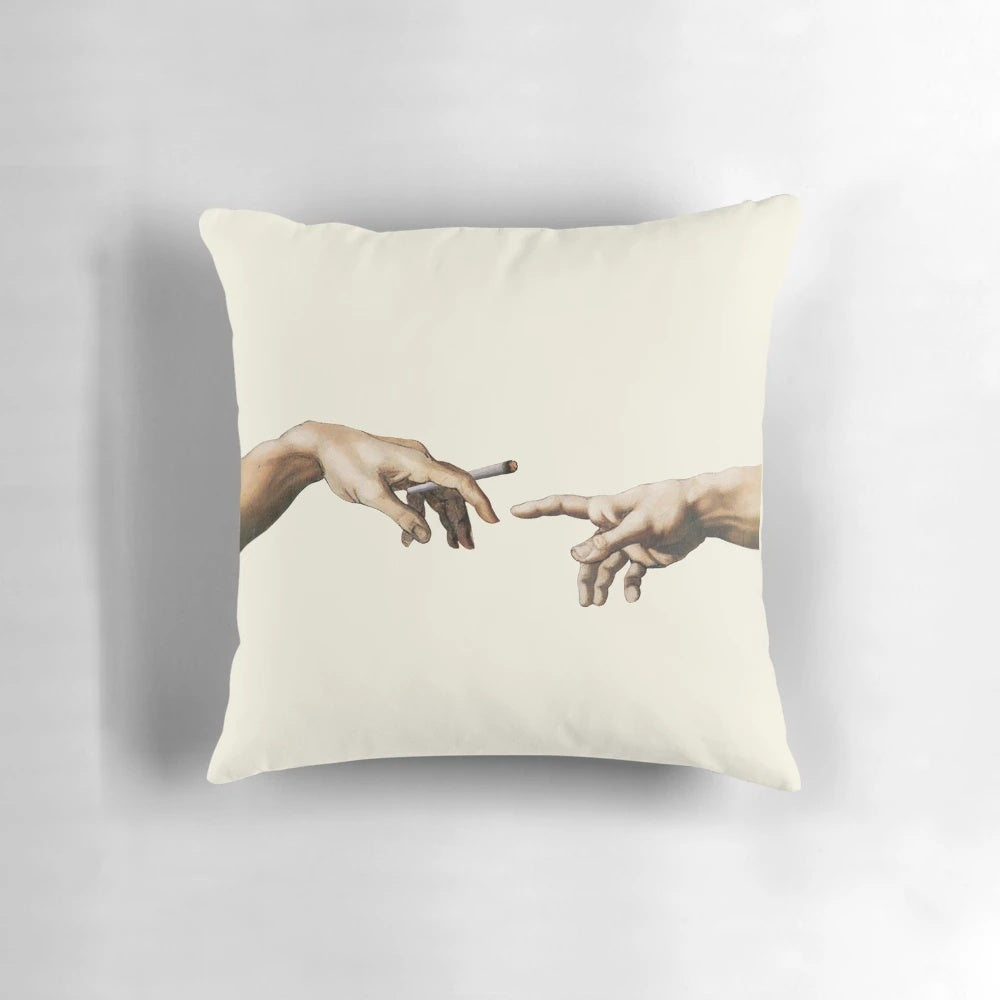 Michelangelo's The Creation of Adam pillow design with a joint and smoking aesthetic