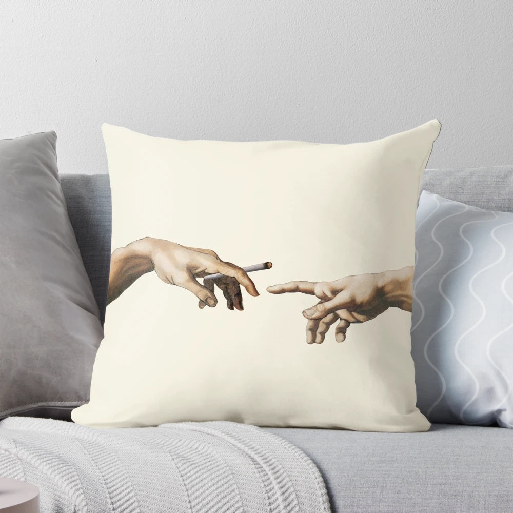Michelangelo's The Creation of Adam pillow design with a joint and smoking aesthetic