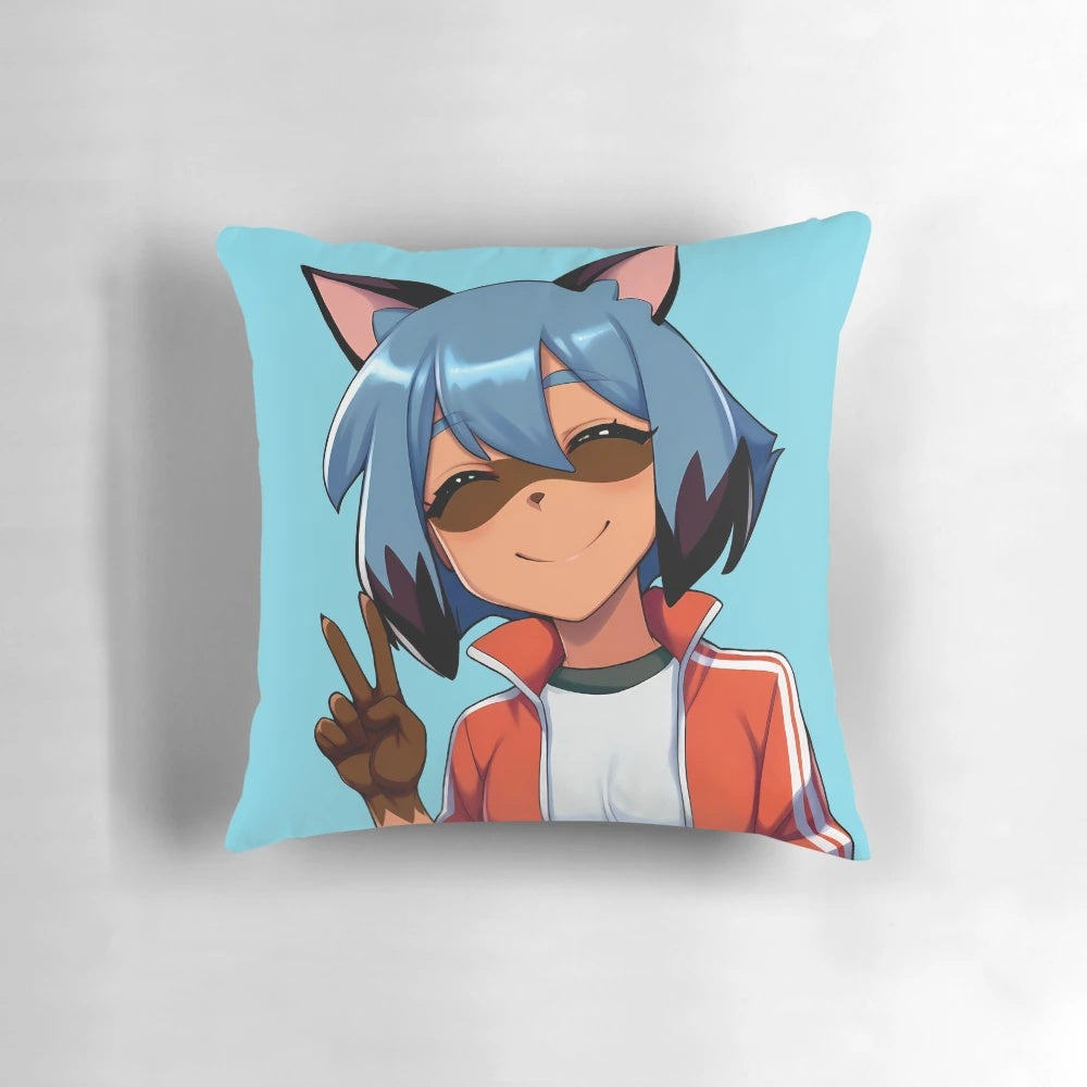 Michiru Kagemori, a tanuki character from the anime series BNA, featured on a soft, plush pillow with a cute V-sign sticker design.