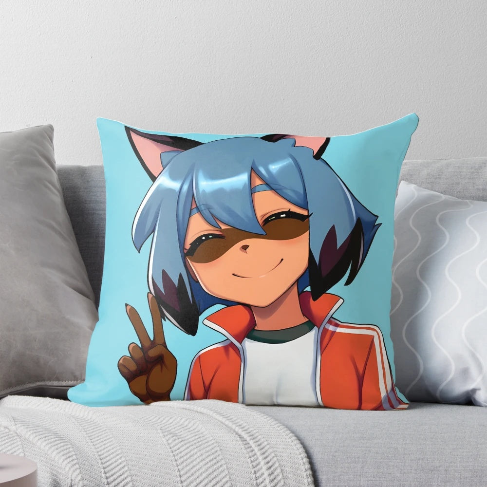 Michiru Kagemori, a tanuki character from the anime series BNA, featured on a soft, plush pillow with a cute V-sign sticker design.