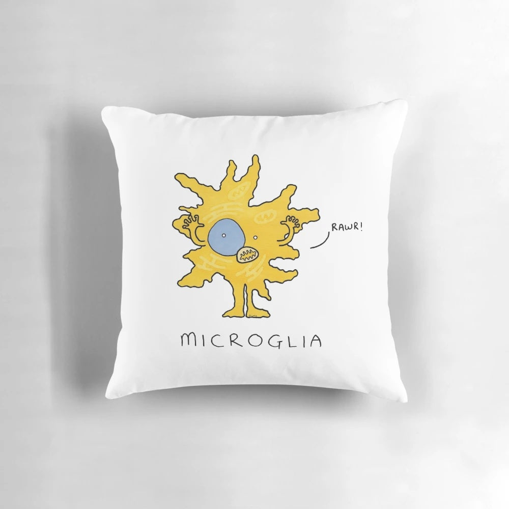 A soft, plush pillow in the shape of a microglia, a type of brain cell, perfect for neuroscience and biology lovers.