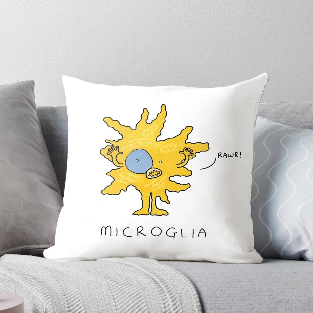A soft, plush pillow in the shape of a microglia, a type of brain cell, perfect for neuroscience and biology lovers.
