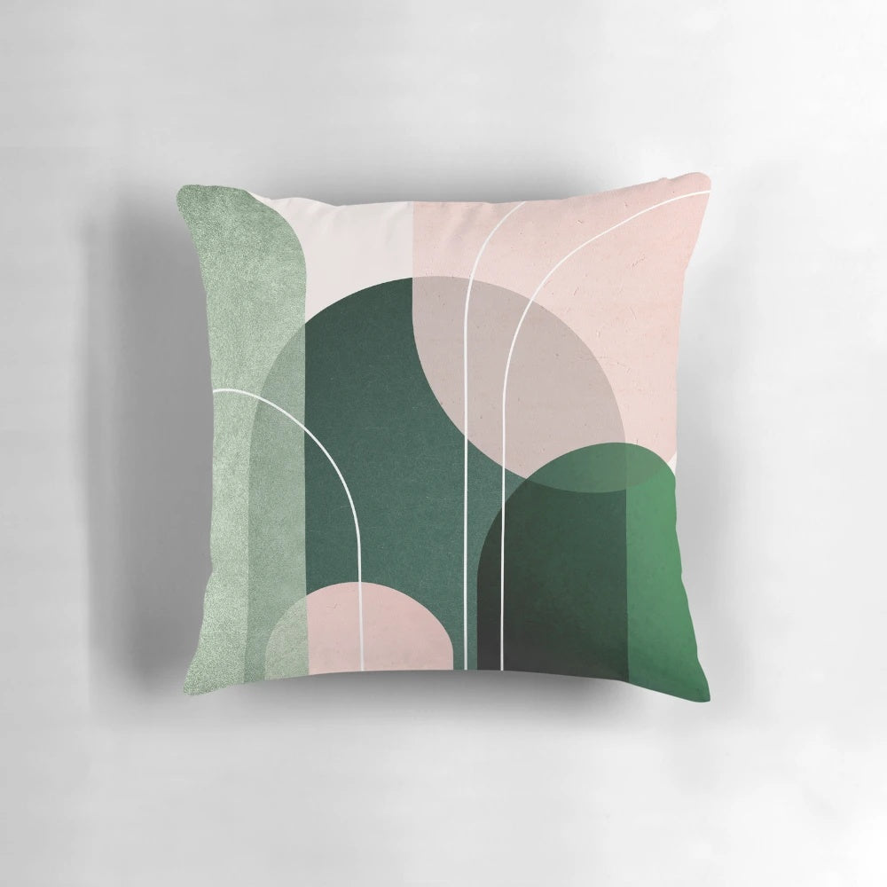 A mid century modern throw pillow featuring a curved archway design in soft pink and green tones.